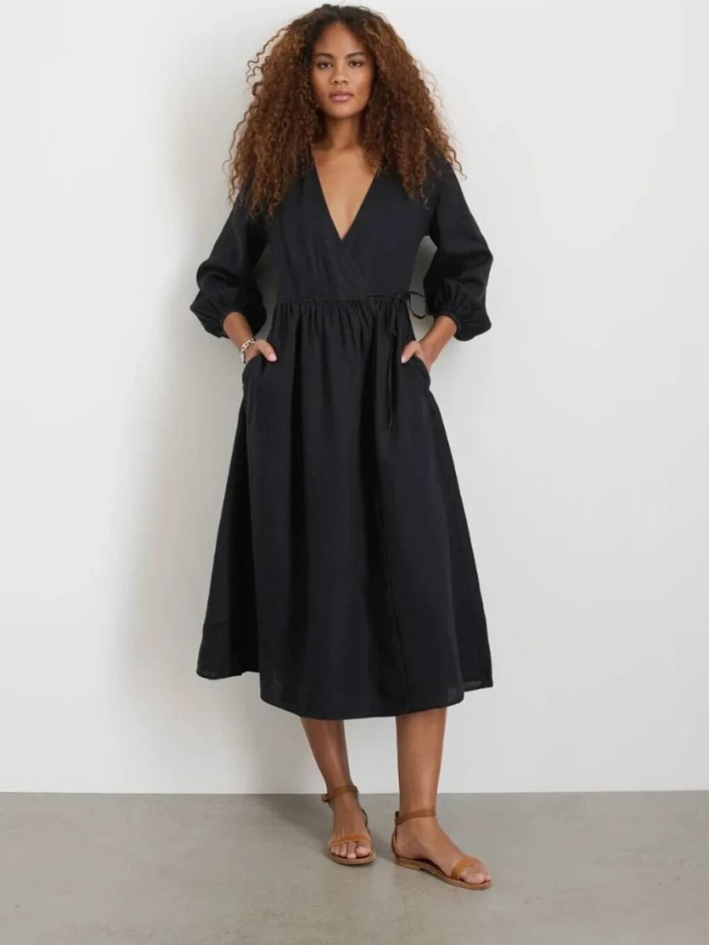 Alex Mill Black Linen Wrap Dress Long Sleeve